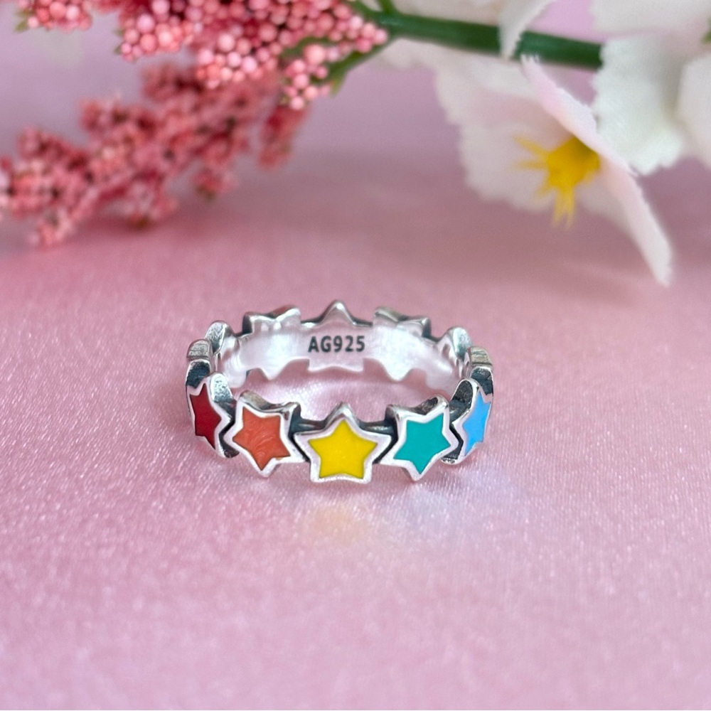 Multicolor Star Sterling Silver Band Ring